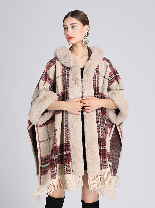 European Fashion Winter Long wool coat Plaid Shawl thick Big fur collar