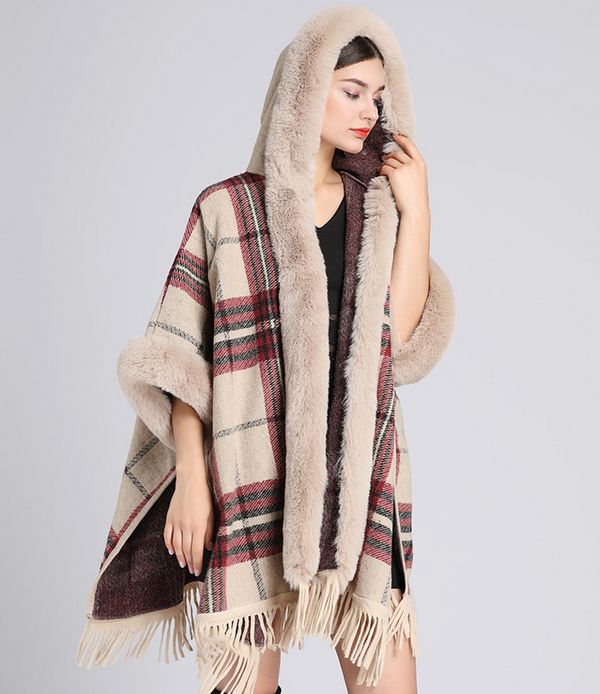 European Fashion Winter Long wool coat Plaid Shawl thick Big fur collar