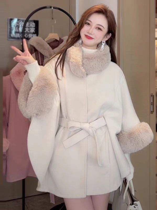 European style Winter Fashion  wool coat Solid Shawl thick fur collar Warm