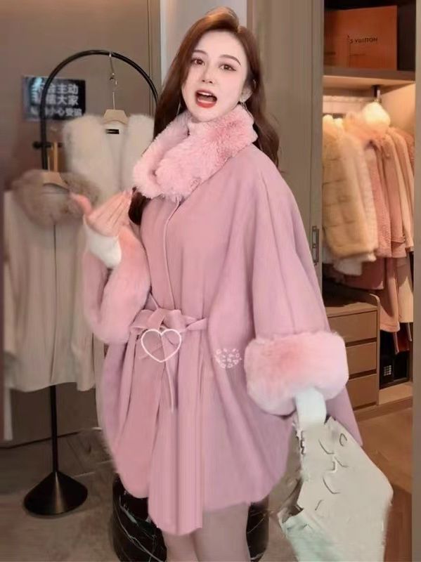 European style Winter Fashion  wool coat Solid Shawl thick fur collar Warm