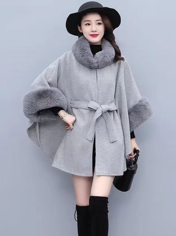 European style Winter Fashion  wool coat Solid Shawl thick fur collar Warm