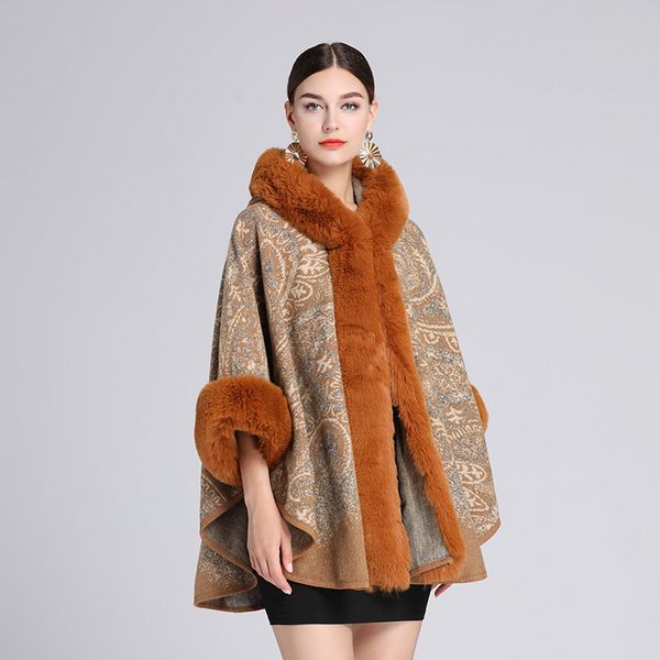 European style Winter Fashion wool coat Shawl thick Big fur collar Warm