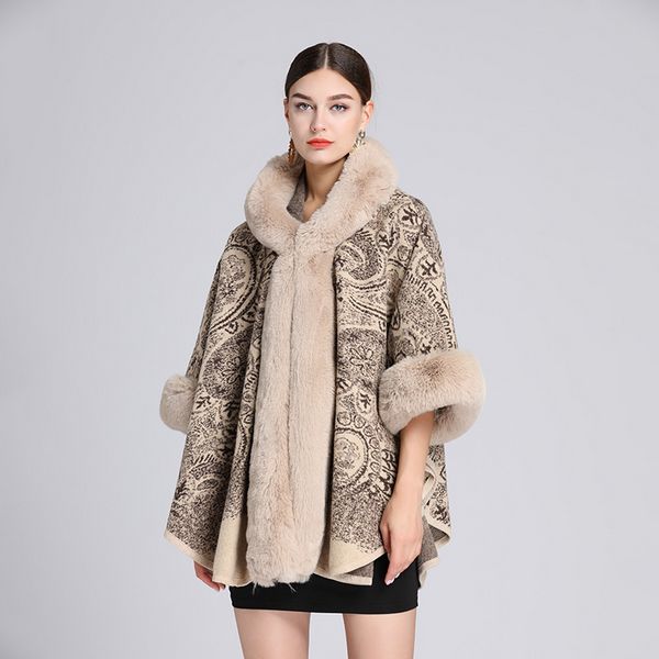 European style Winter Fashion wool coat Shawl thick Big fur collar Warm