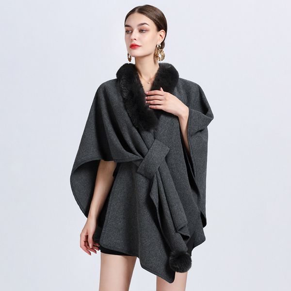 European style Winter Coat Shawl Big fur collar thick wool