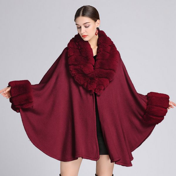 European style Winter imitation Rabbit hair collar Solid color Shawl Loose coat