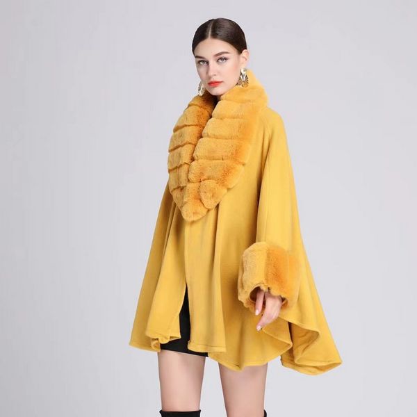 European style Winter imitation Rabbit hair collar Solid color Shawl Loose coat