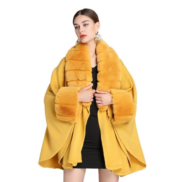 European style Winter imitation Rabbit hair collar Solid color Shawl Loose coat