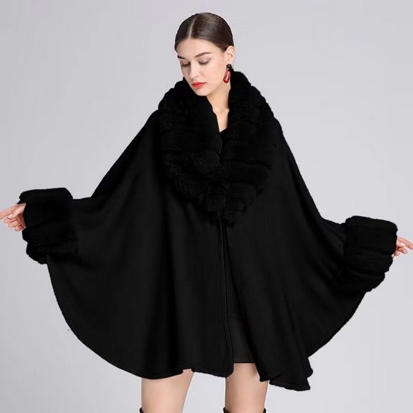 European style Winter imitation Rabbit hair collar Solid color Shawl Loose coat