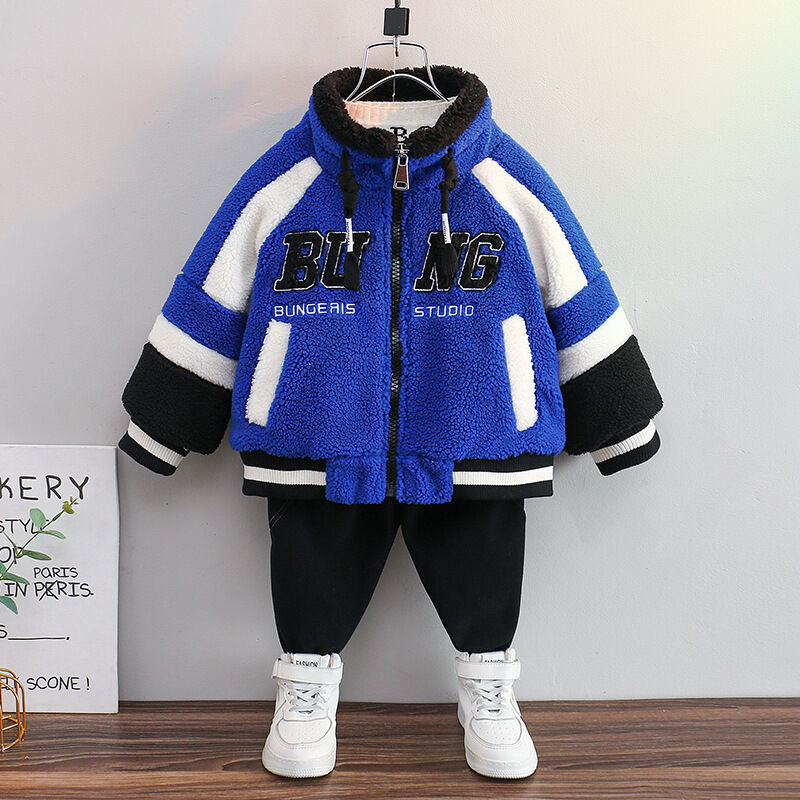 Boy 18M-10Y Letter Print Fleece Color block Zipper Warm Coat Jacket