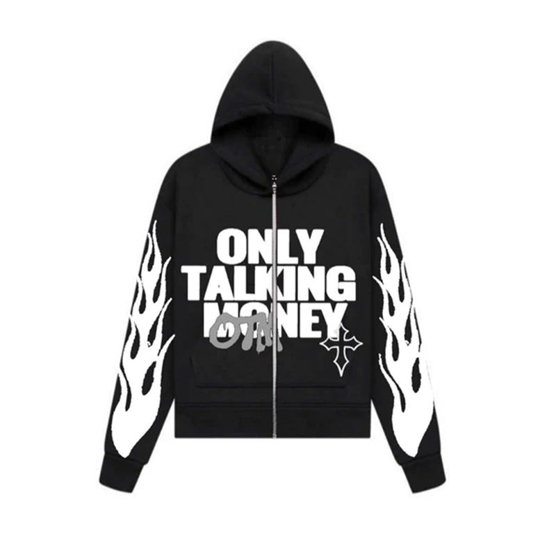 Flame Letter Print Casual Hoodie Street Hip-hop Cardigan Zipper Coat Men And Women