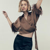 Fashion Women's Wear Cuff Feather Trim Short Silk Satin Shirt