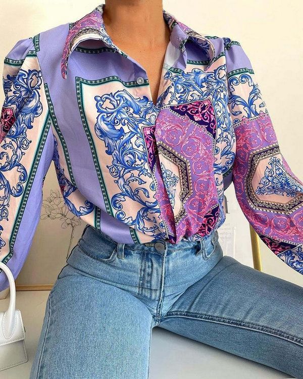 European style Summer Blue printed Blouse