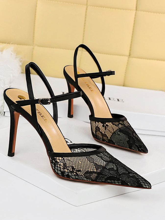 High heels shallow mouth pointed mesh lace sandals