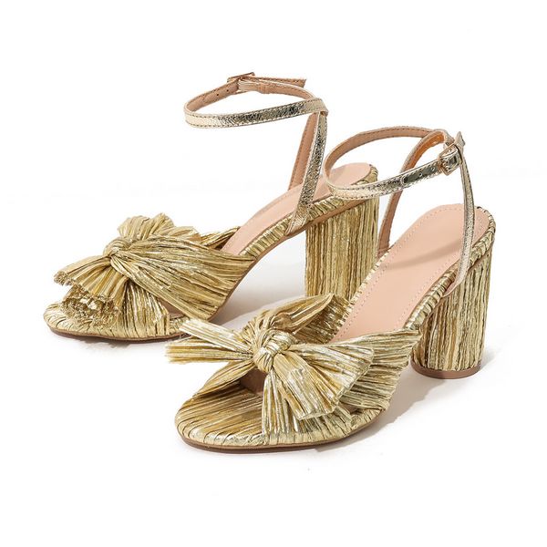 New  fashion sandals thick heel bow silk sandals Retro shoes