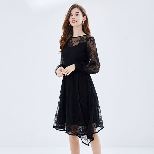 European style Retro Elegant Plus size  Black Lace dress