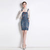 European style new Lace Top+Holes Denim dress