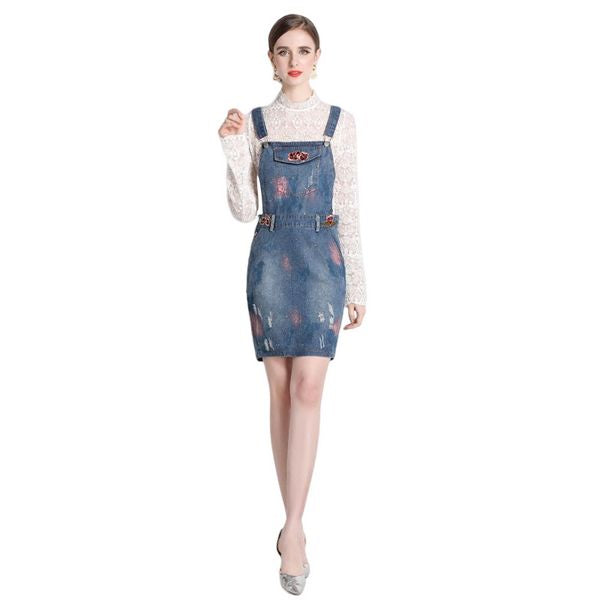 European style new Lace Top+Holes Denim dress