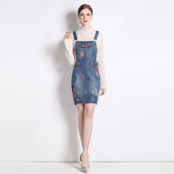 European style new Lace Top+Holes Denim dress