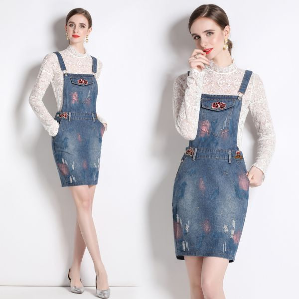 European style new Lace Top+Holes Denim dress