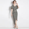 European style Fashion Plaid Split Hip-full dress