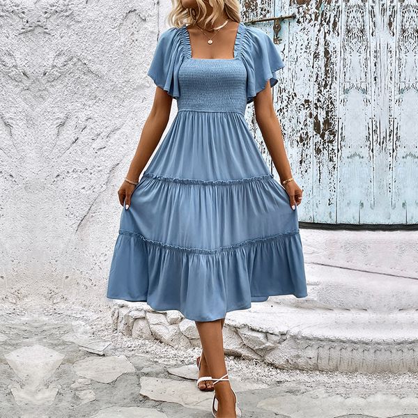 European style Short sleeve Square neck dress