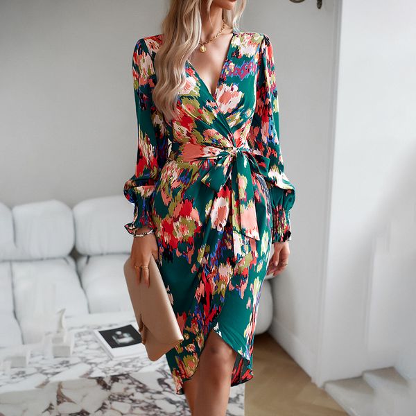 Fashion style Elegant V collar Long sleeve dress