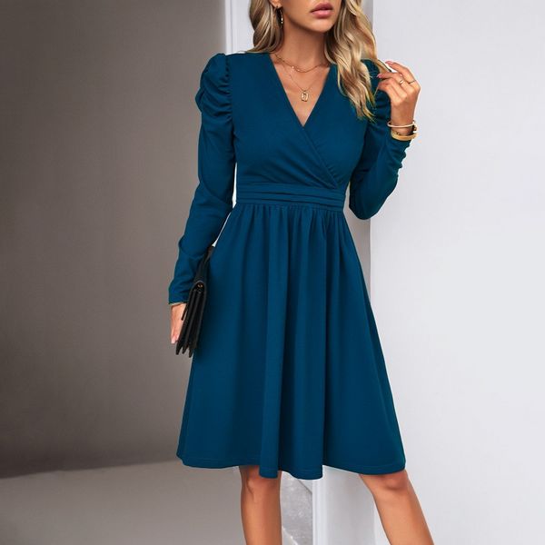 European style Solid color V neck Long sleeve dress