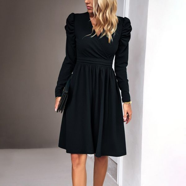 European style Solid color V neck Long sleeve dress