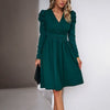 European style Solid color V neck Long sleeve dress