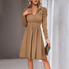 European style Solid color V neck Long sleeve dress