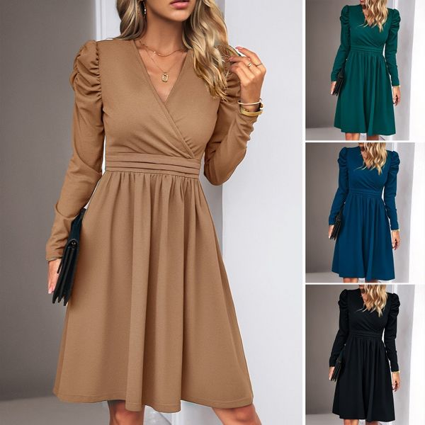 European style Solid color V neck Long sleeve dress