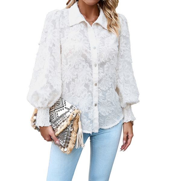 European style Casual Elegant Polo collar Long sleeve blouse