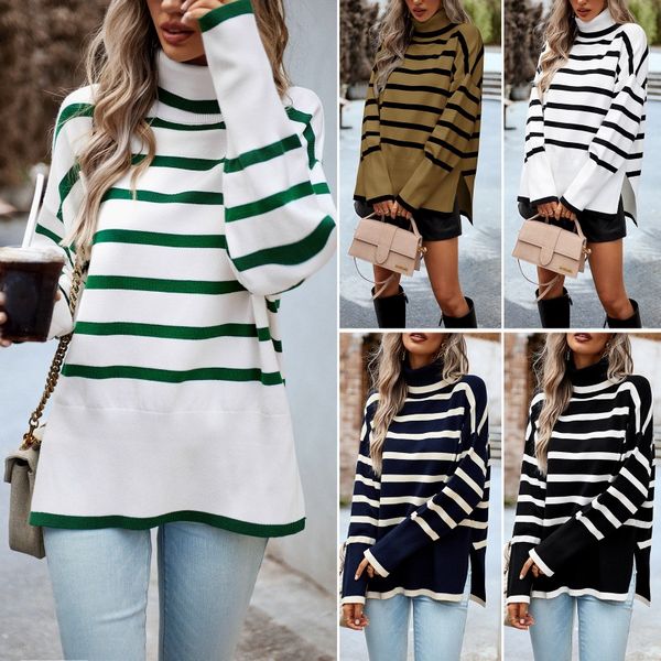 European style Knitted Sweater Stripe High collar Blouse