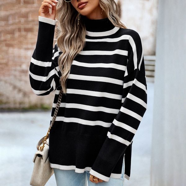 European style Knitted Sweater Stripe High collar Blouse