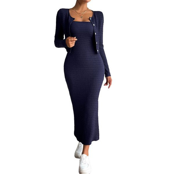 European style Elegant Fashion Long sleeve Top+Split dress 2 pcs set