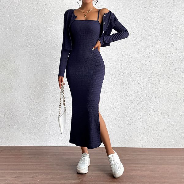 European style Elegant Fashion Long sleeve Top+Split dress 2 pcs set