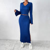 European style V neck Long sleeve top +Split Long dress