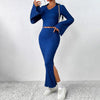 European style V neck Long sleeve top +Split Long dress