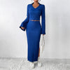 European style V neck Long sleeve top +Split Long dress