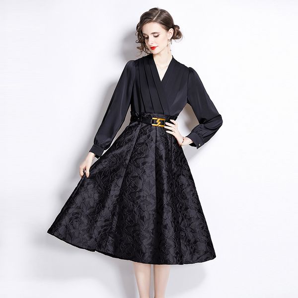 European style Luxury V neck Long sleeve dress(with belt)