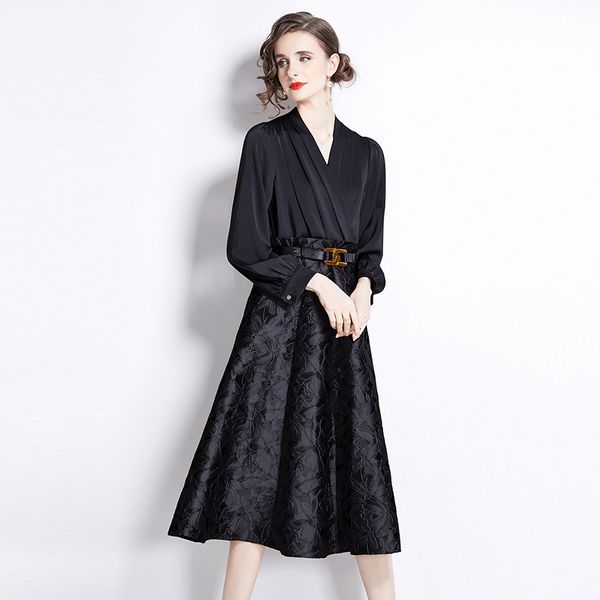 European style Luxury V neck Long sleeve dress(with belt)