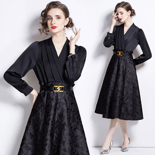 European style Luxury V neck Long sleeve dress(with belt)