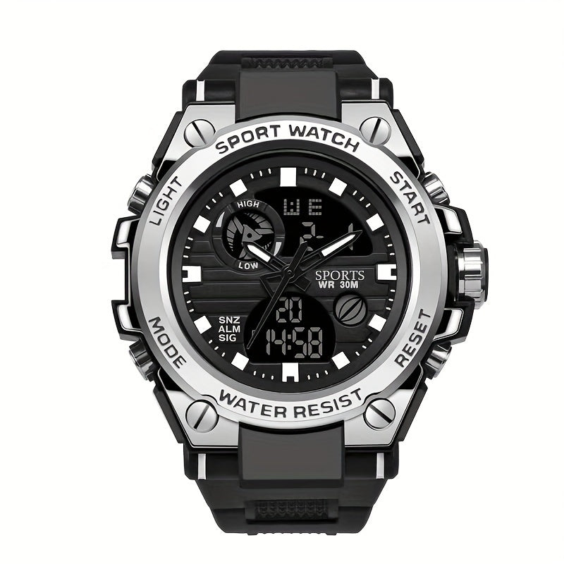 Sports Watch Men's Multifunctional, Luminous Display with Alarm, Chronograph & Stopwatch, Dual Movement, Rubber Case FS