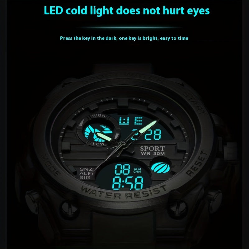 Sports Watch Men's Multifunctional, Luminous Display with Alarm, Chronograph & Stopwatch, Dual Movement, Rubber Case FS