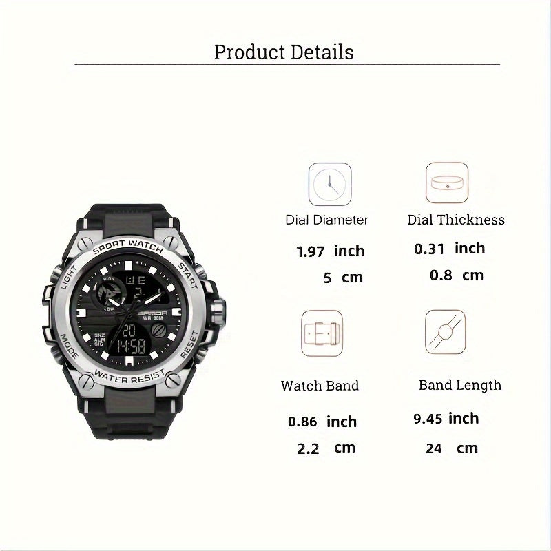 Simple Large Dial Waterproof Calendar Luminous Multi-function Dual Display Watch, Men's Business Sports Outdoor School Supplies Gift FS