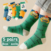 5 Pairs Boys' Mid-Calf Crew Footwear with Cartoon Vehicles, 100% Polyester, Suitable for Children Aged 12 and Under, FS