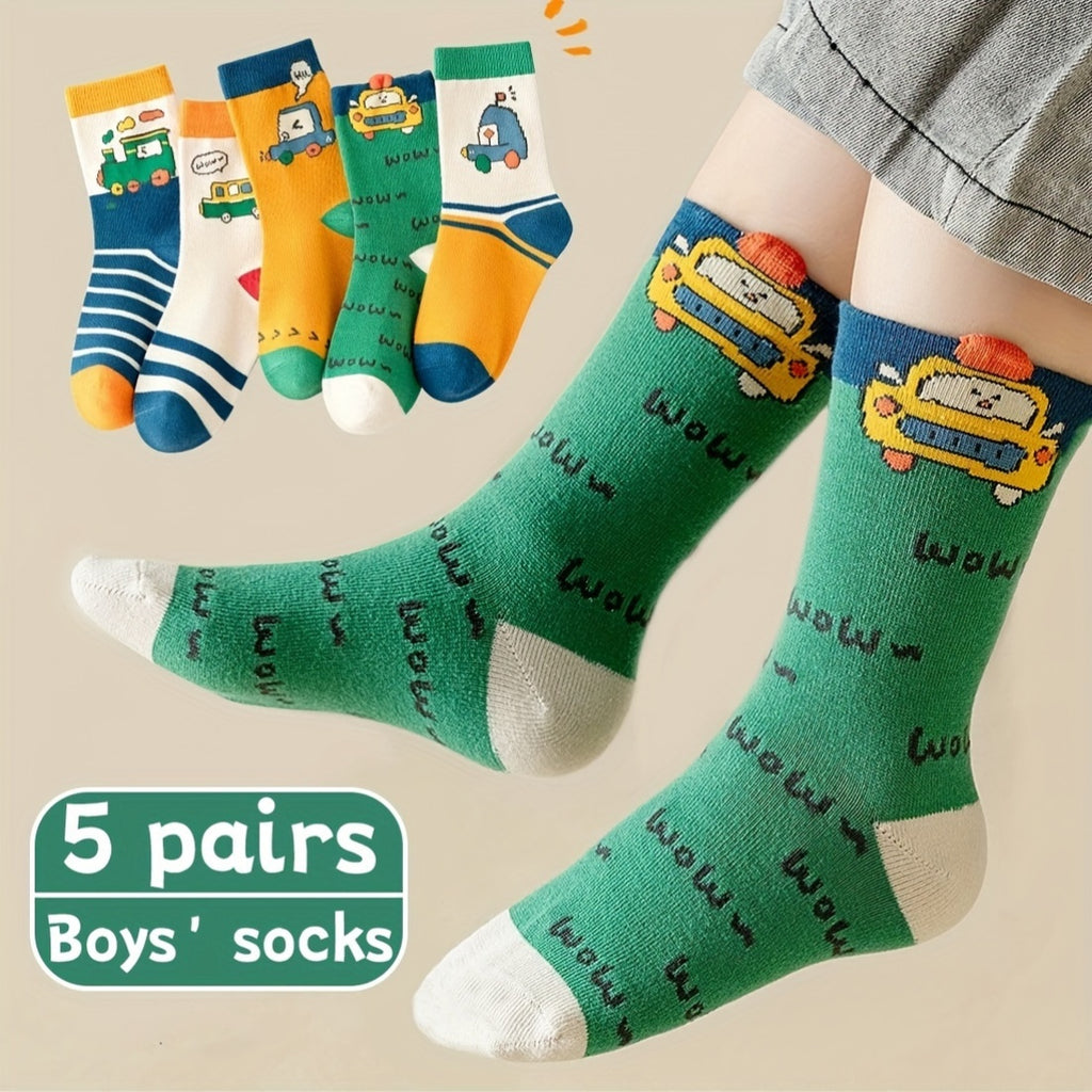 5 Pairs Boys' Mid-Calf Crew Footwear with Cartoon Vehicles, 100% Polyester, Suitable for Children Aged 12 and Under, FS