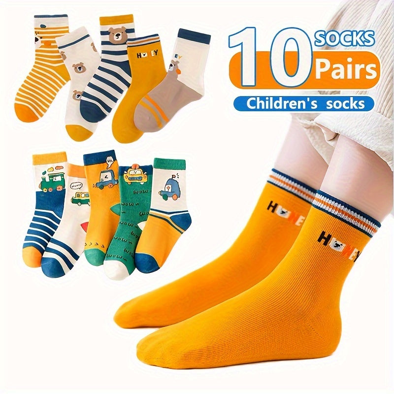 10-Pair Pack Children's Cute Bear and Striped Cartoon Calf-Length Socks, Polyester Blend Comfort Fit for All Seasons,FS