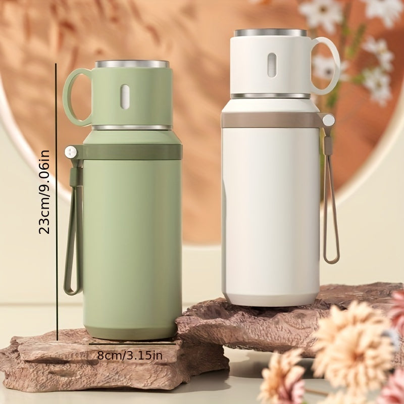 Stainless Steel Water Bottle with Rope Handle, Insulated Dual-Purpose Lid/Drinking Cup, Portable Vacuum Flask for Camping, Cycling, Car, Office - Suitable for Hot & Cold Beverages, FS