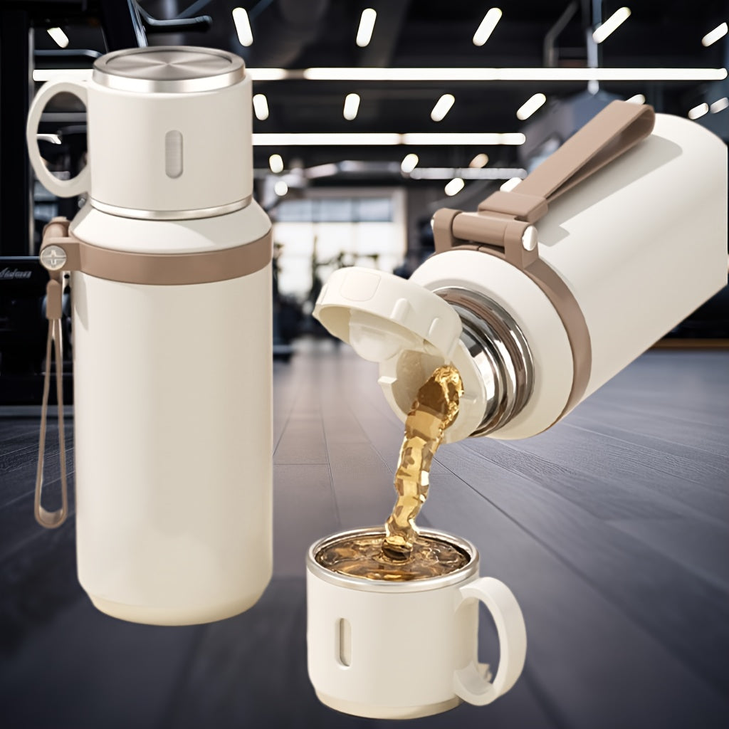 Stainless Steel Water Bottle with Rope Handle, Insulated Dual-Purpose Lid/Drinking Cup, Portable Vacuum Flask for Camping, Cycling, Car, Office - Suitable for Hot & Cold Beverages, FS